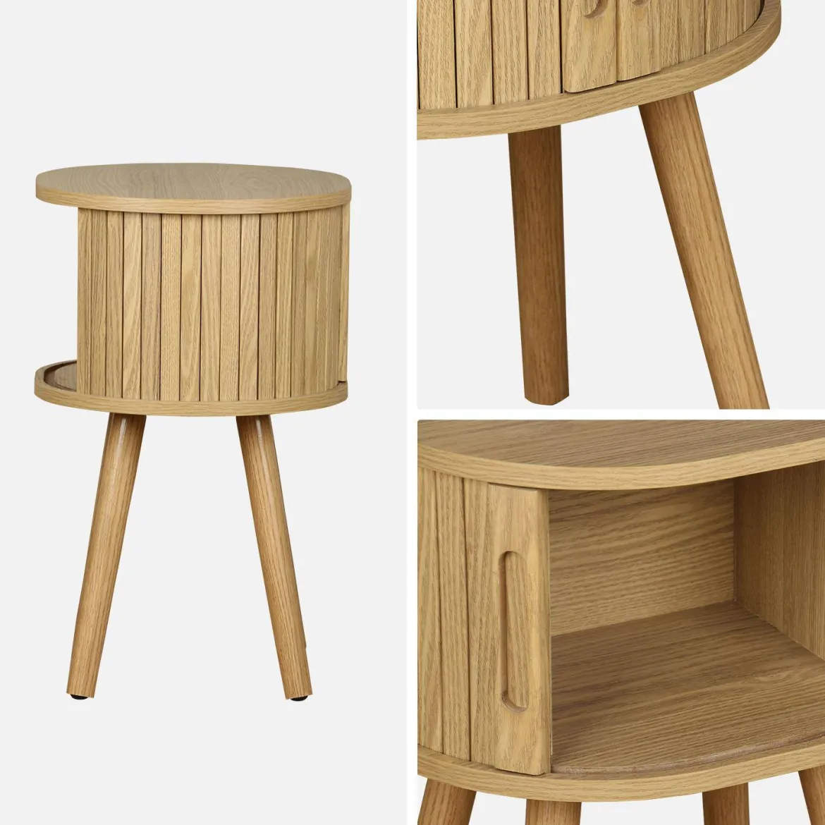 Tavolino da notte scandinavo con decorazioni in legno, 2 porte scorrevoli