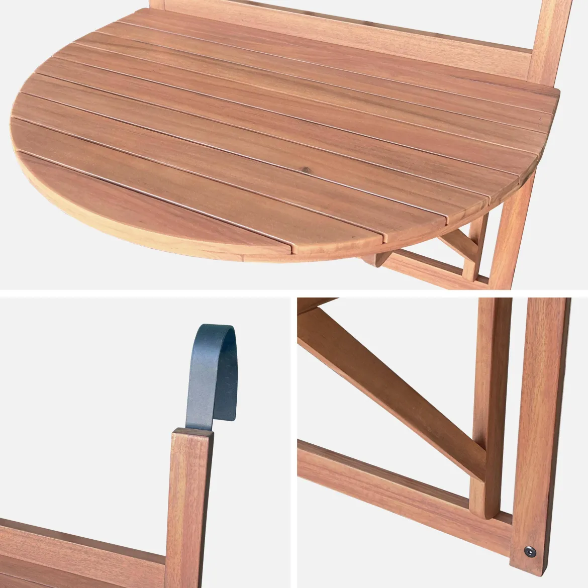 Tavolino in legno di acacia pieghevole semirotondo, 70cm