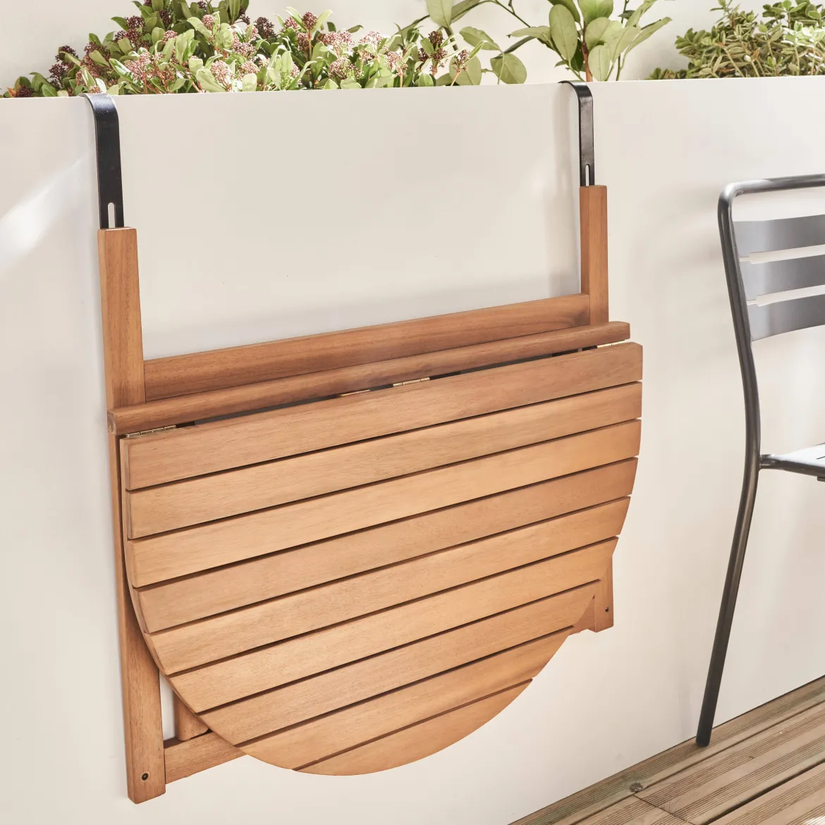 Tavolino in legno di acacia pieghevole semirotondo, 70cm