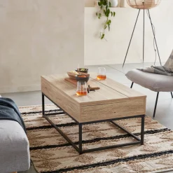 Tavolino industriale effetto legno con piano sollevabile