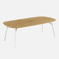 Tavolino rettangolare con gambe cromate e decorazioni in legno