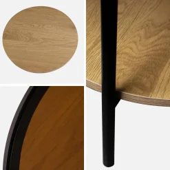 Tavolino rotondo in vetro temperato, legno ed effetto metallo nero