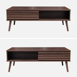 Tavolino scandinavo con ante scorrevoli, decoro in legno scanalato
