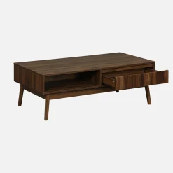 Tavolino scandinavo, decoro in legno scanalato, 2 nicchie, 1 cassetto