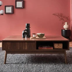 Tavolino scandinavo, decoro in legno scanalato, 2 nicchie, 1 cassetto