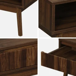 Tavolino scandinavo, decoro in legno scanalato, 2 nicchie, 1 cassetto