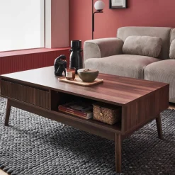 Tavolino scandinavo, decoro in legno scanalato, 2 nicchie, 1 cassetto