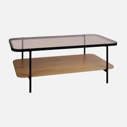 Tavolino vintage in metallo nero con piano in vetro