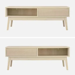 Tavolino scandinavo, decoro in legno scanalato, 2 nicchie, 1 cassetto