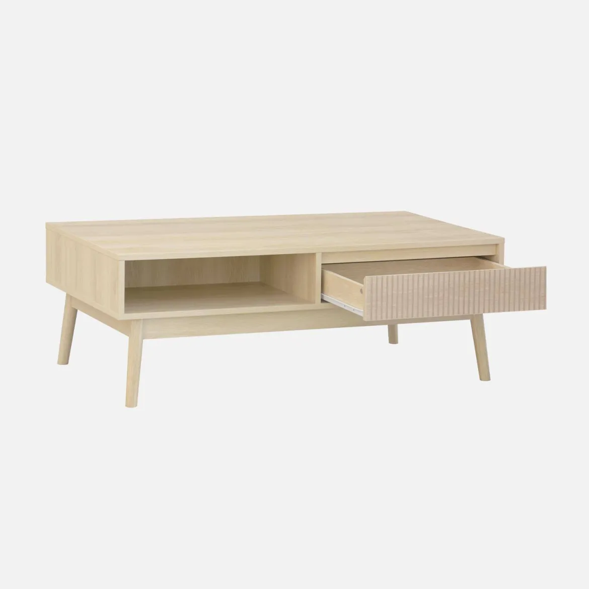 Tavolino scandinavo, decoro in legno scanalato, 2 nicchie, 1 cassetto