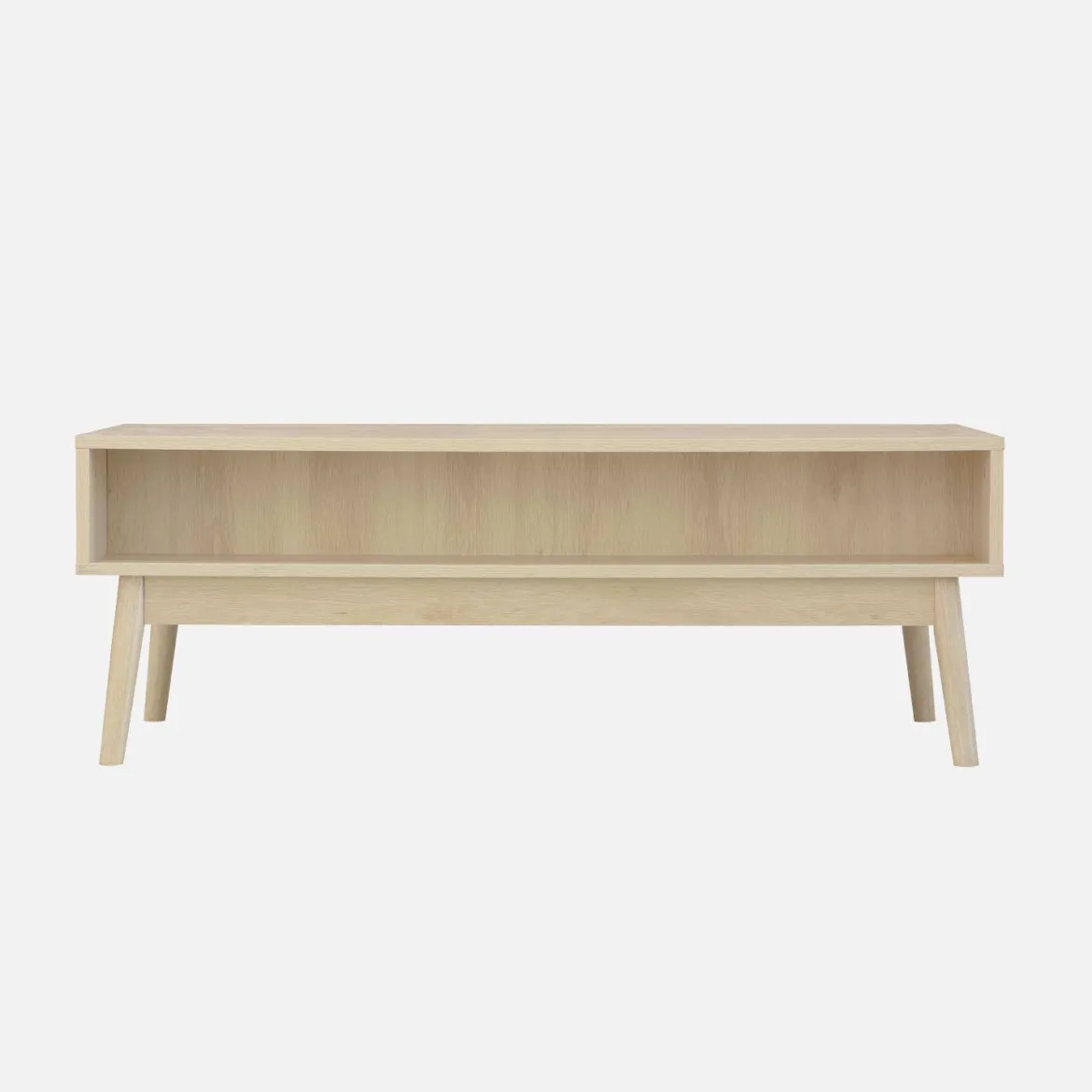 Tavolino scandinavo, decoro in legno scanalato, 2 nicchie, 1 cassetto