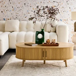 Tavolino scandinavo effetto legno scanalato 2 ante scorrevoli