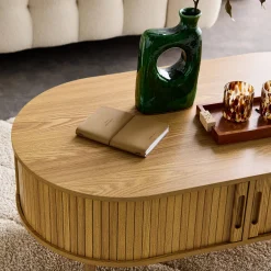 Tavolino scandinavo effetto legno scanalato 2 ante scorrevoli