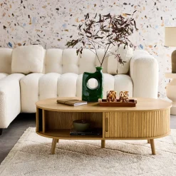 Tavolino scandinavo effetto legno scanalato 2 ante scorrevoli