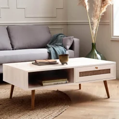 Tavolino scandinavo in vimini, 1 cassetto