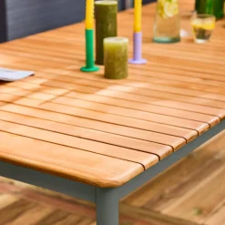 Tavolo da giardino in legno, piano in teak, struttura in acciaio, 10 posti