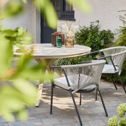 Tavolo da giardino rotondo in alluminio e vetro, 6 posti