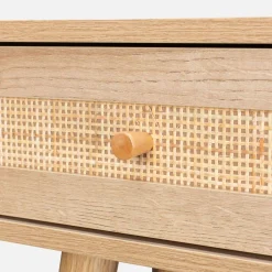 Toeletta trucco con specchio arrotondato in legno intrecciato e 2 cassetti