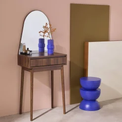 Toeletta trucco decorato in legno, specchio rotondo e 1 cassetto, 60cm